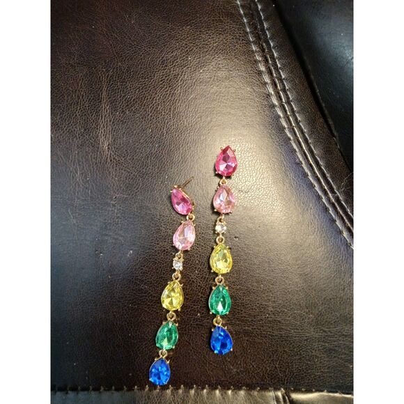 Long Raindrop Shaped Colored Rhinestones 3.86" Earrings - Picture 6 of 8